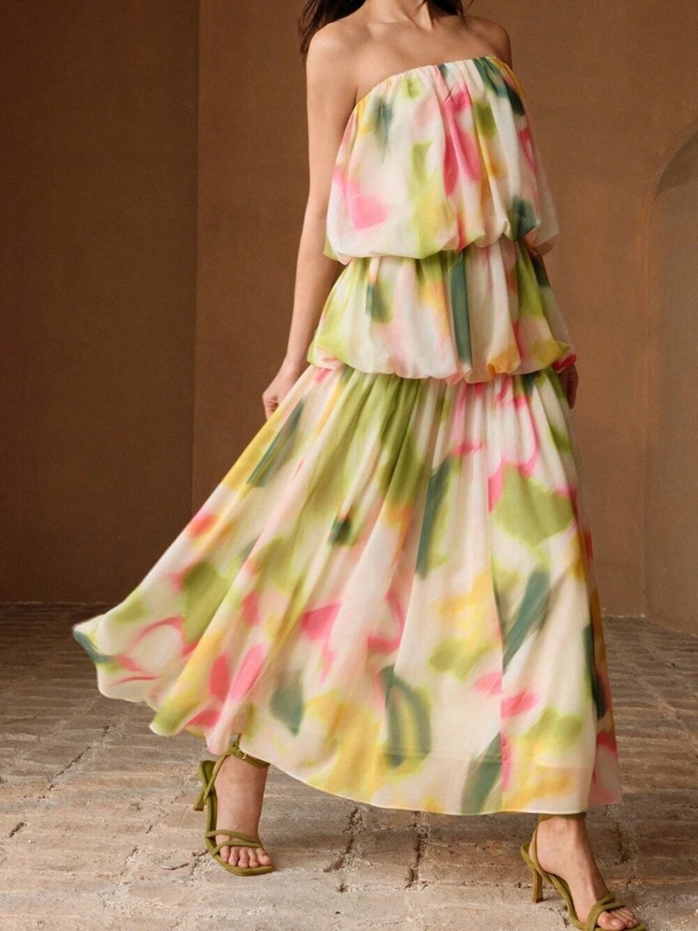 Multicolor Preppy Women's Floral Print Chiffon Sleeveless Tiered Maxi Dress - Picture 3 of 8